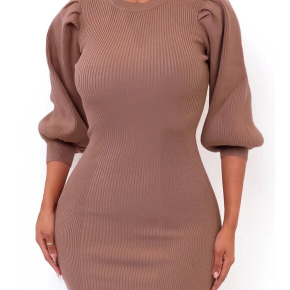 Party Dress | Mauve Sweater Puff Sleeve Knit Mini Dress - Picture 4 of 5